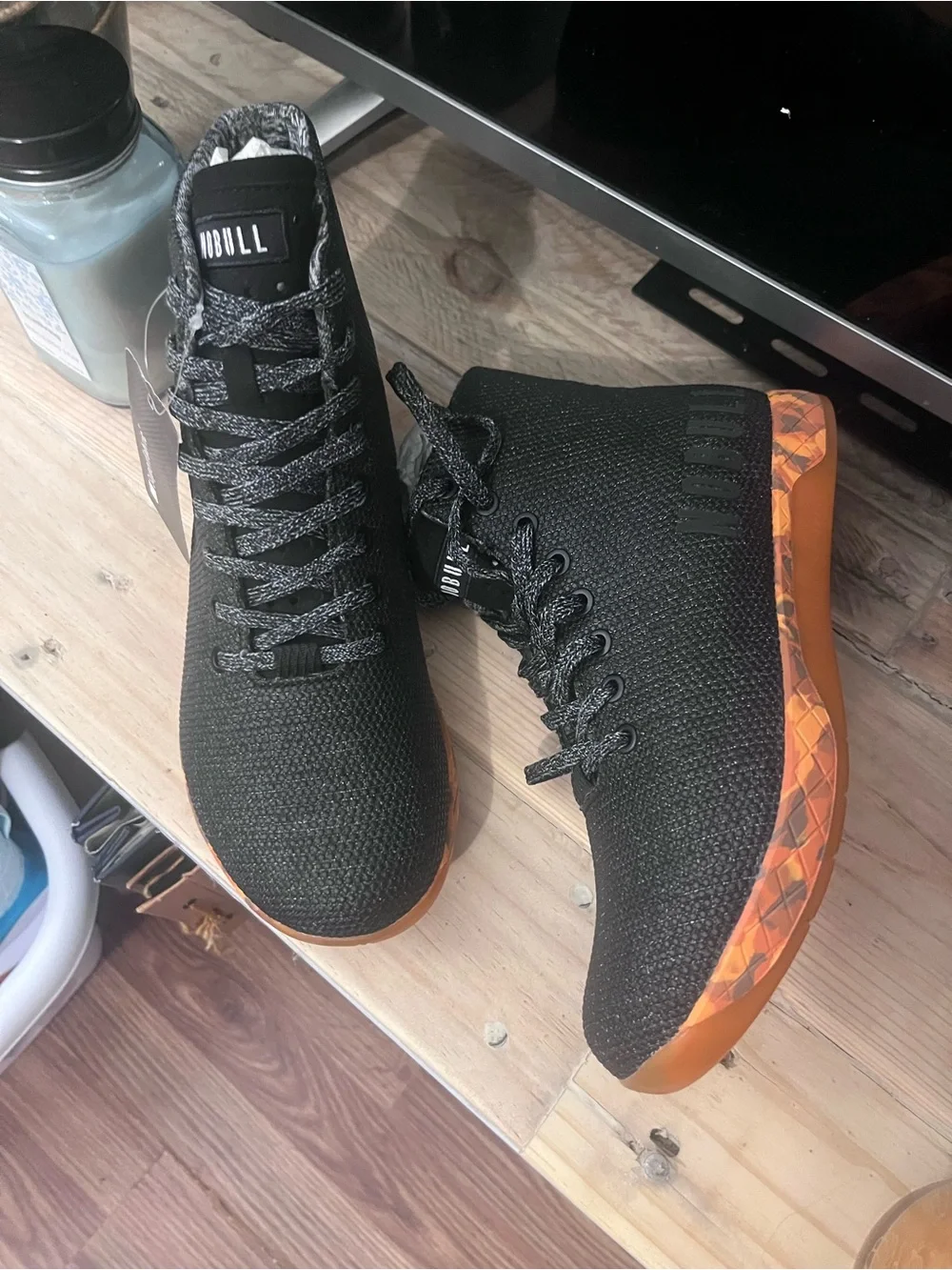 NOBULL Black Knit High-Top Trainers with Orange Sole